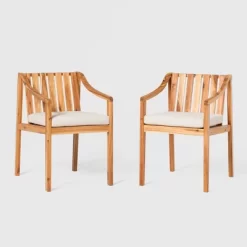 Saracina Home 2pk Mid-Century Modern Slatted Outdoor Acacia Arm Chairs With Cushions -Outdoor Garden GUEST 0016f698 7c55 460b bf1f 8be1b164e811