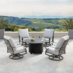5pc Set With 44" Outdoor Round Aluminum Fire Table & 4 Deep Seating Swivel Rocking Chairs & Wind Blocker Lid - Oakland Living