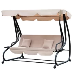 Outsunny 3 Seat Outdoor Free Standing Swing Bench Porch Swing With Stand, Comfortable Cushioned Fabric & Included Canopy -Outdoor Garden GUEST 01a88e3c 3f56 4121 99f4 1d958c5f94a5