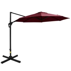 Outsunny 9.8' Offset Patio Umbrella With Base, Steel Aluminum Cantilever Umbrella With 360-degree Rotation, Tilt, 8 Ribs, Crank, Cross Base, Red -Outdoor Garden GUEST 03d8fe92 a5da 477c ae18 78a9c447a8d4