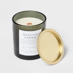 Clear Colored Glass With Woodwick And Brass Metal Inset Lid Dried Leaves + Hickory Candle Green - Threshold™ -Outdoor Garden GUEST 05b6d262 797f 4785 845b ae77677bb543