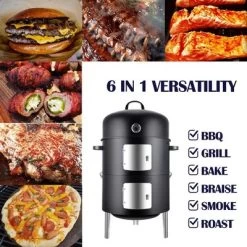 Realcook 17 Inch Vertical Heavy Duty Round Steel BBQ Charcoal Outdoor Smoker With Latch Locking System And Dual Entrance Doors, Black -Outdoor Garden GUEST 076b2578 4d44 44f9 9d66 9a04aef9d99b