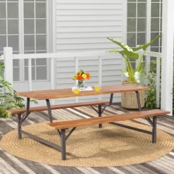 Costway Acacia Wood Patio Picnic Table Bench Set With 71'' Tabletop & 2'' Umbrella Hole