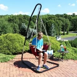 Sunnydaze Decor Sunnydaze Outdoor 1-Person Single Olefin Audrey Hammock Hanging Chair With Bamboo Armrest And Black Steel Stand - Red -Outdoor Garden GUEST 07e0e78e f5a6 48f8 ba42 6db3368c1ba7