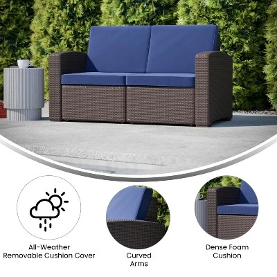 Flash Furniture Seneca Faux Rattan Loveseat With All-Weather Cushions 4 Flash Furniture Seneca Faux Rattan Loveseat With All-Weather Cushions - Image 4
