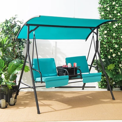 Costway 2-Person Canopy Porch Swing Padded Chair Cooler Bag Rotatable Tray TurquoiseBeigeBlack 12 Costway 2-Person Canopy Porch Swing Padded Chair Cooler Bag Rotatable Tray TurquoiseBeigeBlack - Image 12