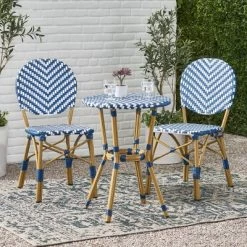 Picardy 3pc Outdoor Aluminum French Bistro Set - Navy/White/Bamboo - Christopher Knight Home