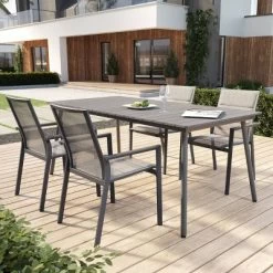Outdoor Aluminum Rectangular Dining Table With Faux Wood Top - Gray - Crestlive Products