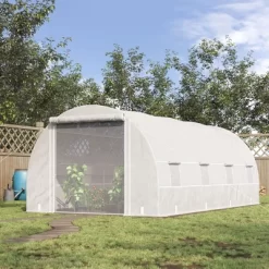 Outsunny Steel Frame Walk-In Tunnel Greenhouse, Large Garden Hot House Kit With 8 Roll-up Windows & Roll Up Door, White