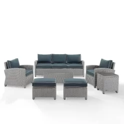 Bradenton 7pc Outdoor Wicker Sofa And Arm Chair Seating Set With Coffee Table, Side Table And 2 Ottomans - Navy/Gray - Crosley -Outdoor Garden GUEST 1538fd6b 4881 4b67 a0e9 e03998b1f827