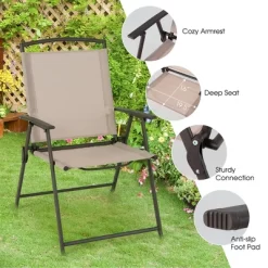 Costway 4 Pcs Patio Folding Sling Dining Chairs Armrests Steel Frame Outdoor Beige/Grey -Outdoor Garden GUEST 1654cb91 d6f8 4c23 b618 fb1a861663a2