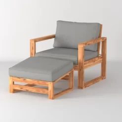 Galia 2pc Square Leg Acacia Wood Chair And Ottoman With Cushions - Brown - Saracina Home -Outdoor Garden GUEST 166ad4fe 8b58 4635 b854 caa776581feb