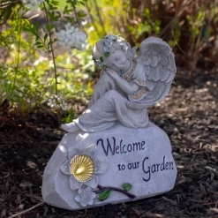 Northlight 9.25" Gray Solar Powered "Welcome To Our Garden" Angel Outdoor Garden Statue