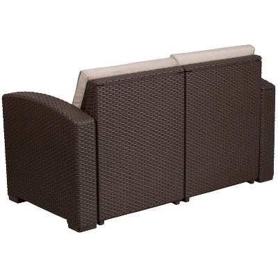 Merrick Lane Outdoor Furniture Resin Loveseat Chocolate Brown Faux Rattan Wicker Pattern 2-Seat Loveseat With All-Weather Beige Cushions 11 Merrick Lane Outdoor Furniture Resin Loveseat Chocolate Brown Faux Rattan Wicker Pattern 2-Seat Loveseat With All-Weather Beige Cushions - Image 11