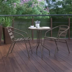 Flash Furniture Lila 23.75'' Round Glass Metal Table With 2 Metal Aluminum Slat Stack Chairs -Outdoor Garden GUEST 17d8218e 1898 45a6 8fdb d737968135f6