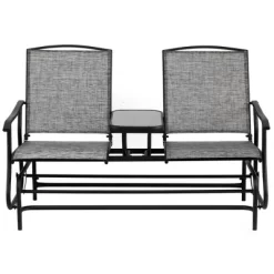 Gardenised Two Person Outdoor Double Swing Glider Chair Set With Center Tempered Glass Table, Loveseat Lawn Rocker Bench