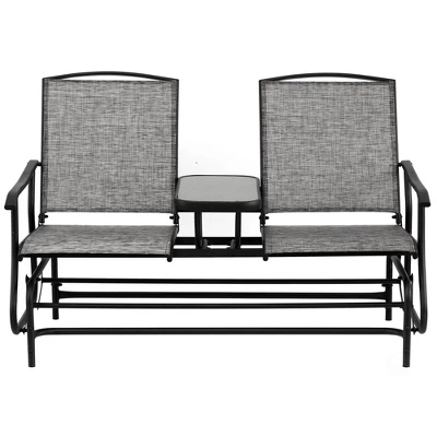 Gardenised Two Person Outdoor Double Swing Glider Chair Set With Center Tempered Glass Table, Loveseat Lawn Rocker Bench 1 Gardenised Two Person Outdoor Double Swing Glider Chair Set With Center Tempered Glass Table, Loveseat Lawn Rocker Bench