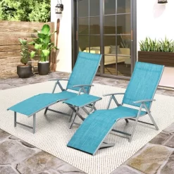 3pc Outdoor Aluminum Folding Adjustable Chaise Lounge Chair And Table Set Blue - Crestlive Products
