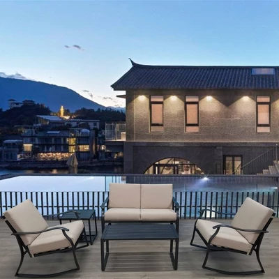 5pc Metal Rectangular Outdoor Bistro Set With Cushions - Black/Beige - GODEER 1 5pc Metal Rectangular Outdoor Bistro Set With Cushions - Black/Beige - GODEER