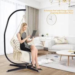 Costway Hanging Hammock Chair Macrame Swing Handwoven Cotton Backrest Garden Grey Black -Outdoor Garden GUEST 1d7f9dac 135e 4d9b 809a 02248aefb326