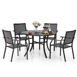 5pc Outdoor Dining Set With Metal Slat Round Table With Umbrella Hole - Captiva Designs