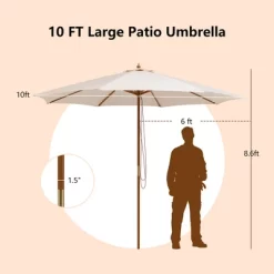 10FT Patio Wooden Market Table Umbrella Pulley W/8 Bamboo Ribs Sunshade Canopy -Outdoor Garden GUEST 22c7e6ab f542 425d 983e 33fe529bccca