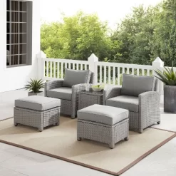 Bradenton 5pc Outdoor Wicker Seating Set With Side Table, 2 Arm Chairs And 2 Ottomans - Gray/Gray - Crosley