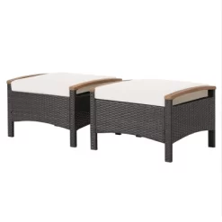 Costway Set Of 2 Patio Rattan Ottoman Footrest Cushions Wooden Handle Off WhiteBrownRedNavy