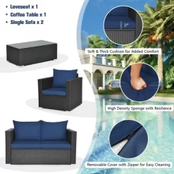 Costway 4PCS Patio Rattan Furniture Set Cushioned Sofa Loveseat With Navy & Turquoise Cover -Outdoor Garden GUEST 2480cf73 0861 4935 a9ed ba7c72dde6bf