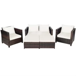 Costway 5PCS Patio Rattan Furniture Set Loveseat Sofa Ottoman Cushioned RedWhite
