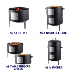 Realcook 17 Inch Vertical Heavy Duty Round Steel BBQ Charcoal Outdoor Smoker With Latch Locking System And Dual Entrance Doors, Black