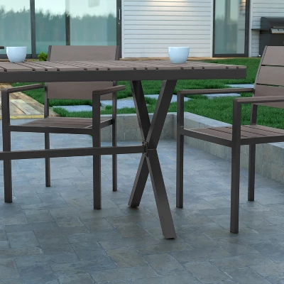 Emma And Oliver 59" X 35.5" Outdoor X-Frame Dining Table With Faux Teak Poly Slat Top And Metal Frame 4 Emma And Oliver 59" X 35.5" Outdoor X-Frame Dining Table With Faux Teak Poly Slat Top And Metal Frame - Image 4