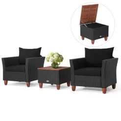 Costway 3PCS Patio Rattan Furniture Set Cushioned Sofa Storage Table With Wood Top Red/Black -Outdoor Garden GUEST 2b857814 370f 407d aa43 3b14d321efb5