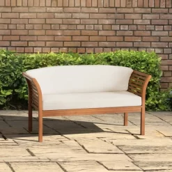 Stamford Eucalyptus Wood Outdoor Bench With Cushions - Natural - Alaterre Furniture