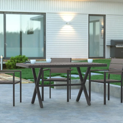 Emma And Oliver 59" X 35.5" Outdoor X-Frame Dining Table With Faux Teak Poly Slat Top And Metal Frame 1 Emma And Oliver 59" X 35.5" Outdoor X-Frame Dining Table With Faux Teak Poly Slat Top And Metal Frame