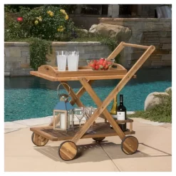 Riviera Acacia Wood Patio Bar Cart With Tray - Natural - Christopher Knight Home