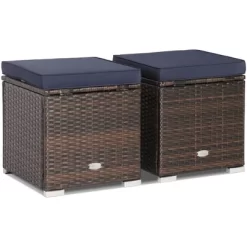 Costway 2PCS Patio Rattan Ottomans Seat Side Table Storage Box Footstool W/Cushions Navy -Outdoor Garden GUEST 32e29e89 3473 438b a2f9 5365c3419743