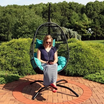 Sunnydaze Decor Sunnydaze Outdoor Resin Wicker Patio Dalia Hanging Basket Egg Chair With Cushions, Headrest, And Steel Stand Set - Teal - 3pc 9 Sunnydaze Decor Sunnydaze Outdoor Resin Wicker Patio Dalia Hanging Basket Egg Chair With Cushions, Headrest, And Steel Stand Set - Teal - 3pc - Image 9