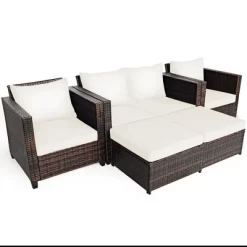 Costway 5PCS Patio Rattan Furniture Set Loveseat Sofa Ottoman Cushioned RedWhite -Outdoor Garden GUEST 3850caa9 1c66 495d ba9a 5c23c3bf63d8