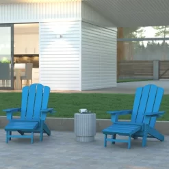 Emma And Oliver Set Of 2 Adirondack Chairs With Cup Holders And Pull Out Ottoman, All-Weather HDPE Indoor/Outdoor Lounge Chairs