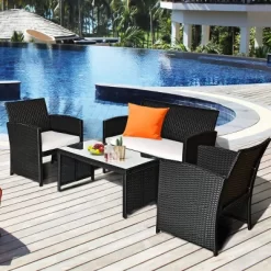 Costway 4PCS Patio Rattan Furniture Set Table &Sofa W/Cushion Garden Black -Outdoor Garden GUEST 3dc41eee 08ce 4f71 ab64 4fda5c507686