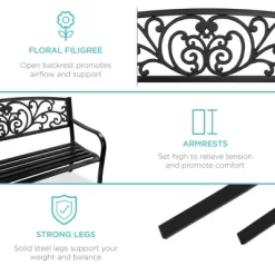 Best Choice Products Outdoor Steel Bench Garden Patio Porch Furniture W/ Floral Design Backrest, Slatted Seat -Outdoor Garden GUEST 3fe0960f 84df 4ebe b9fe a3ea6eb15a16