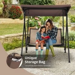Costway 2 Seat Patio Porch Swing With Adjustable Canopy Storage Pockets Brown -Outdoor Garden GUEST 3ff82c10 8ecf 4037 b005 b45aa523fce2