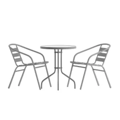 Flash Furniture Lila 23.75'' Round Glass Metal Table With 2 Metal Aluminum Slat Stack Chairs -Outdoor Garden GUEST 4044f60d 90cf 4167 8716 7582044f6a13