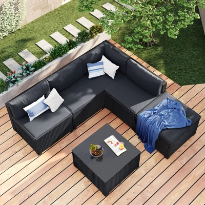 6pc Wicker Patio Conversation Set With Cushions - Black/Gray - GODEER 4 6pc Wicker Patio Conversation Set With Cushions - Black/Gray - GODEER - Image 4