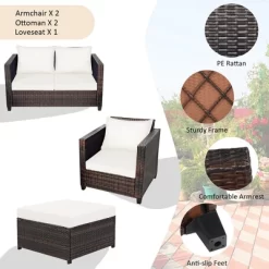 Costway 5PCS Patio Rattan Furniture Set Loveseat Sofa Ottoman Cushioned RedWhite -Outdoor Garden GUEST 45f3f744 3301 40fb bb24 effb90498acc