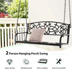 Costway 2-Person Metal Outdoor Porch Swing Hanging Patio Bench 485 Lbs Capacity BlackBrown -Outdoor Garden GUEST 4662d179 18a3 482e b580 3e86df609322
