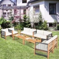 Costway 8PCS Wooden Patio Furniture Set Cushioned Sofa W/Rope Armrest WhiteTurquoiseRed -Outdoor Garden GUEST 46a3efe5 b122 41ce 85c1 aae2ec96ede2