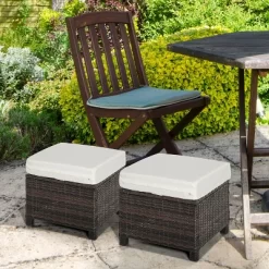 Outsunny 2 Pc 20" Outdoor PE Rattan Wicker Ottoman, Fade-Resistant Patio Footrest With Soft Cushion, Steel Frame, Brown, White