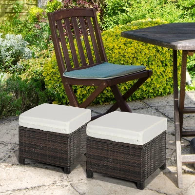 Outsunny 2 Pc 20" Outdoor PE Rattan Wicker Ottoman, Fade-Resistant Patio Footrest With Soft Cushion, Steel Frame, Brown, White 1 Outsunny 2 Pc 20" Outdoor PE Rattan Wicker Ottoman, Fade-Resistant Patio Footrest With Soft Cushion, Steel Frame, Brown, White